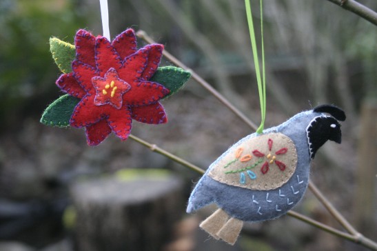 poinsettia and quail ornaments
